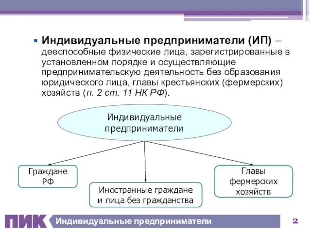 Индивидуальные предприниматели Индивидуальные предприниматели (ИП) – дееспособные физические лица, зарегистрированные в