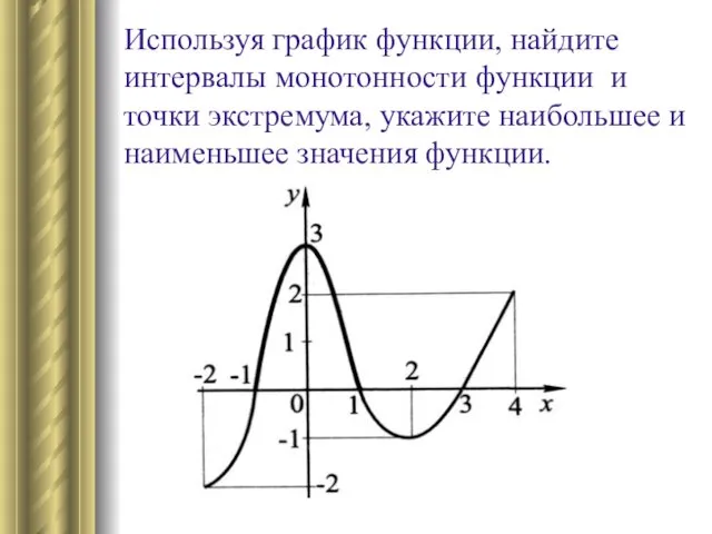 Используя график функции, найдите интервалы монотонности функции и точки экстремума, укажите наибольшее и наименьшее значения функции.