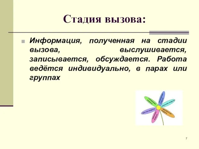 Стадия вызова: Информация, полученная на стадии вызова, выслушивается, записывается, обсуждается. Работа