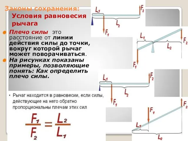 Законы сохранения: Условия равновесия рычага Плечо силы это расстояние от линии