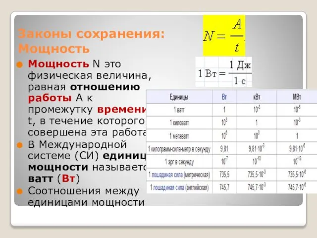 Законы сохранения: Мощность Мощность N это физическая величина, равная отношению работы