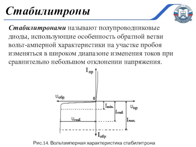 Стабилитронами называют полупроводниковые диоды, использующие особенность обратной ветви вольт-амперной характеристики на