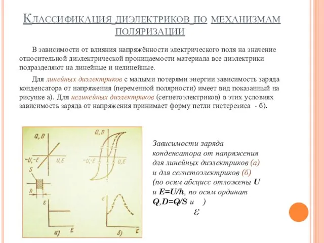 Классификация диэлектриков по механизмам поляризации В зависимости от влияния напряжённости электрического