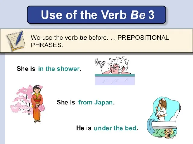 Use of the Verb Be 3 She is in the shower.