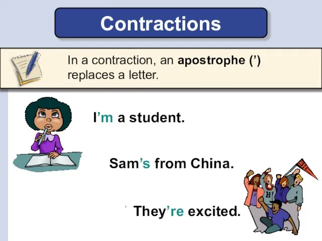 In a contraction, an apostrophe (’) replaces a letter. Contractions I