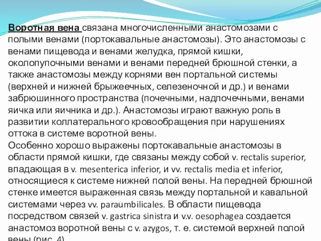 Воротная вена связана многочисленными анастомозами с полыми венами (портокавальные анастомозы). Это