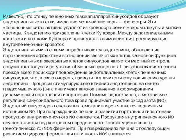 Известно, что стенку печеночных гемокапилляров-синусоидов образуют эндотелиальные клетки, имеющие мельчайшие поры