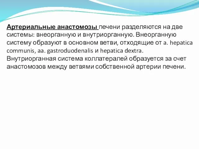 Артериальные анастомозы печени разделяются на две системы: внеорганную и внутриорганную. Внеорганную