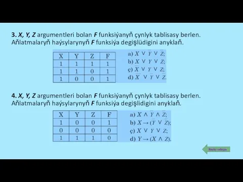 3. X, Y, Z argumentleri bolan F funksiýanyň çynlyk tablisasy berlen.