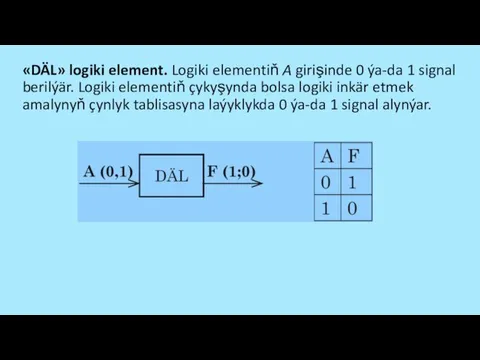 «DÄL» logiki element. Logiki elementiň A girişinde 0 ýa-da 1 signal