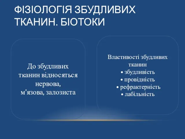 ФІЗІОЛОГІЯ ЗБУДЛИВИХ ТКАНИН. БІОТОКИ Властивості збудливих тканин • збудливість • провідність