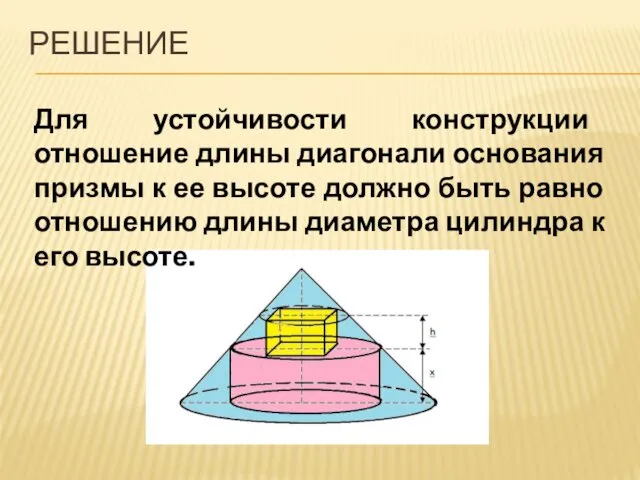 РЕШЕНИЕ Для устойчивости конструкции отношение длины диагонали основания призмы к ее