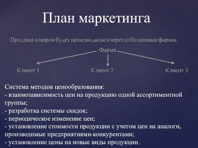 План маркетинга Система методов ценообразования: - взаимозависимость цен на продукцию одной