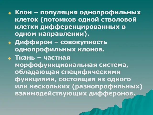 Клон – популяция однопрофильных клеток (потомков одной стволовой клетки дифференцированных в