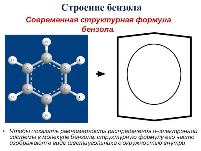 Современная структурная формула бензола. Чтобы показать равномерность распределения п–электронной системы в