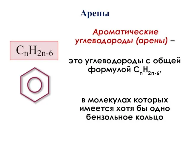Арены Ароматические углеводороды (арены) – это углеводороды с общей формулой СnH2n-6,