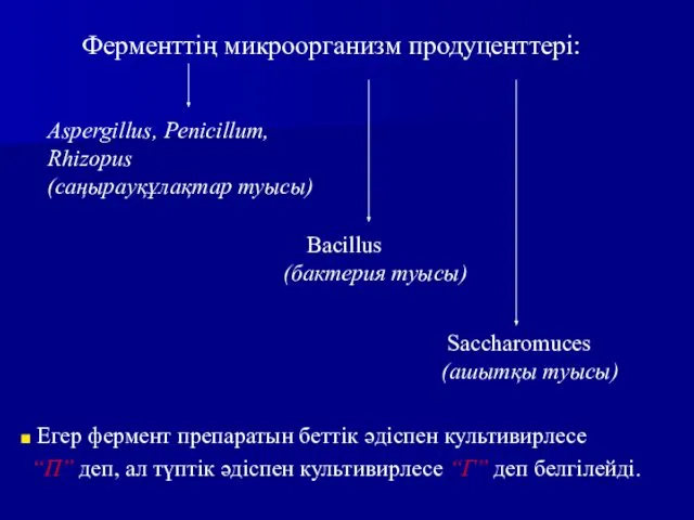 Ферменттің микроорганизм продуценттері: Aspergillus, Penicillum, Rhizopus (саңырауқұлақтар туысы) Bacillus (бактерия туысы)