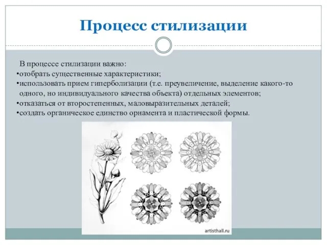 Процесс стилизации В процессе стилизации важно: отобрать существенные характеристики; использовать прием