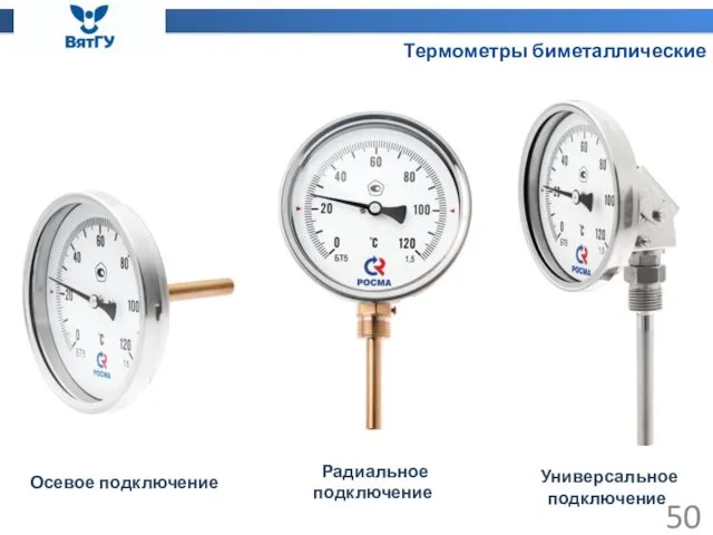 Термометры биметаллические Осевое подключение Радиальное подключение Универсальное подключение