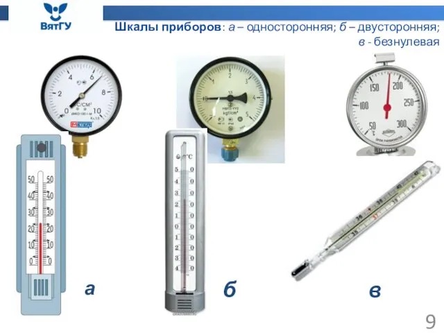 Шкалы приборов: а – односторонняя; б – двусторонняя; в - безнулевая а б в