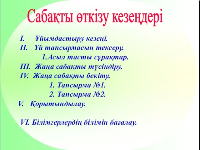 Сабақты өткізу кезеңдері I. Ұйымдастыру кезеңі. II. Үй тапсырмасын тексеру. 1.Асыл