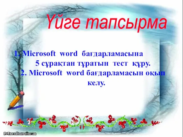 Үйге тапсырма 1. Microsoft word бағдарламасына 5 сұрақтан тұратын тест құру.