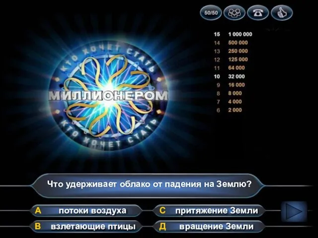 Что удерживает облако от падения на Землю? А В Д С