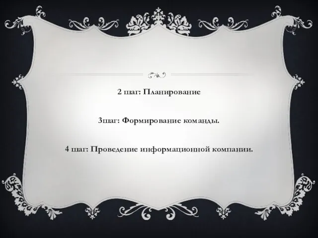 2 шаг: Планирование 3шаг: Формирование команды. 4 шаг: Проведение информационной компании.