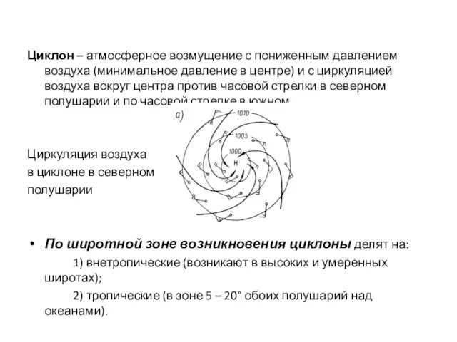 Циклон – атмосферное возмущение с пониженным давлением воздуха (минимальное давление в