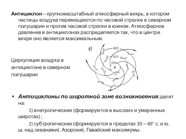 Антициклон – крупномасштабный атмосферный вихрь, в котором частицы воздуха перемещаются по