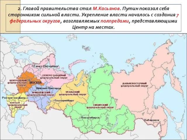 2. Главой правительства стал М.Касьянов. Путин показал себя сторонником сильной власти.