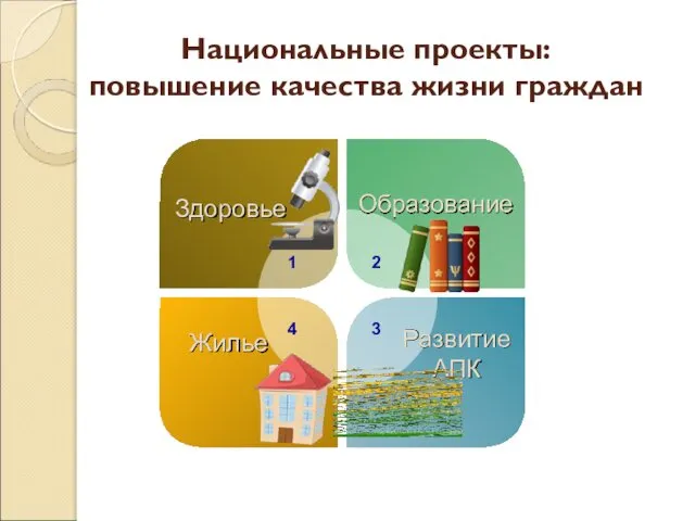 Здоровье Образование Жилье Развитие АПК 1 2 4 3 Национальные проекты: повышение качества жизни граждан