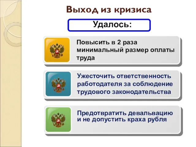 Выход из кризиса Повысить в 2 раза минимальный размер оплаты труда