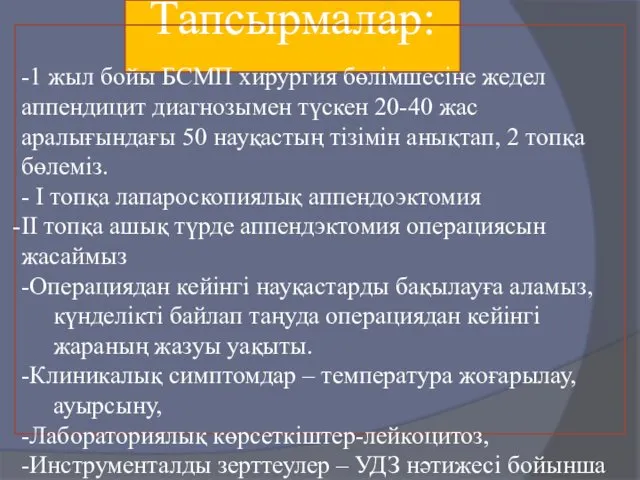 Тапсырмалар: -1 жыл бойы БСМП хирургия бөлімшесіне жедел аппендицит диагнозымен түскен