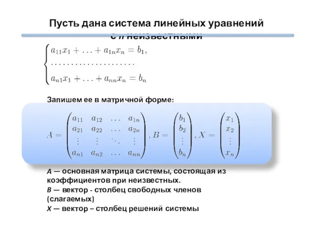 Пусть дана система линейных уравнений с n неизвестными Запишем ее в