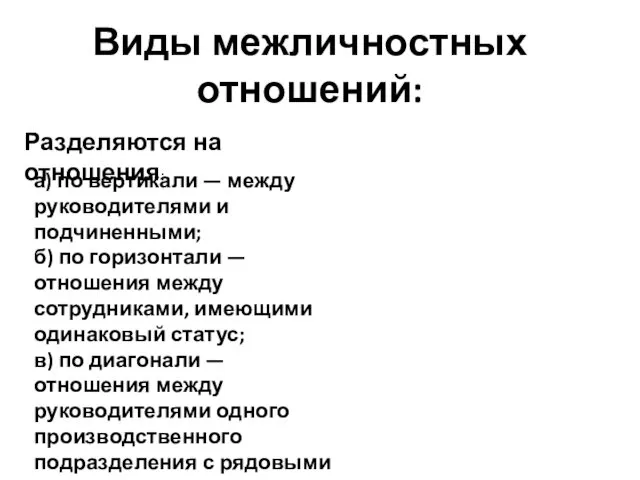 Виды межличностных отношений: Разделяются на отношения: а) по вертикали — между