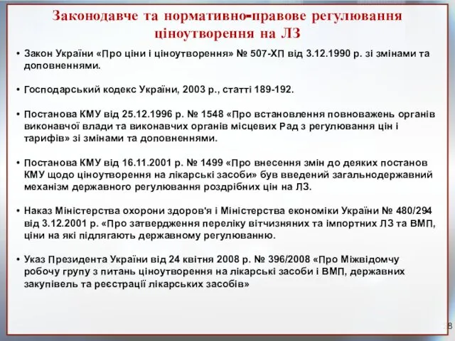 Законодавче та нормативно-правове регулювання ціноутворення на ЛЗ Закон України «Про ціни