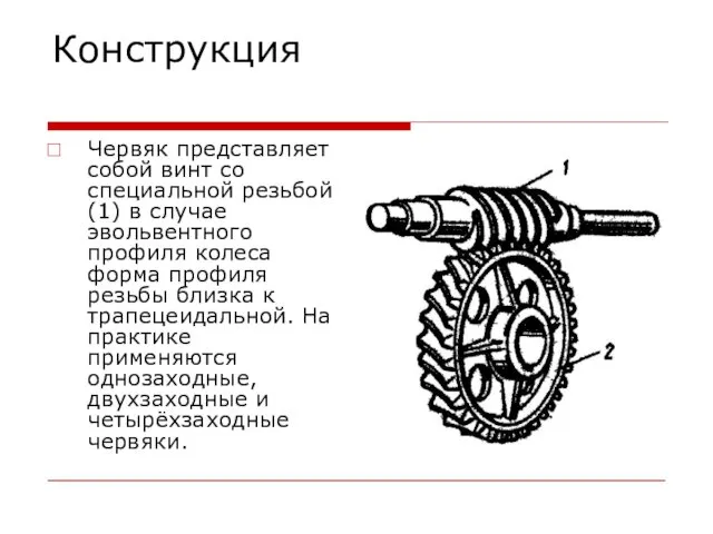 Конструкция Червяк представляет собой винт со специальной резьбой(1) в случае эвольвентного