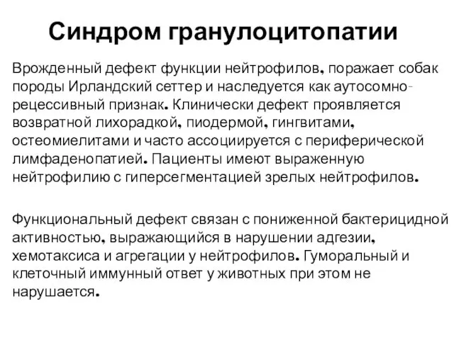 Синдром гранулоцитопатии Врожденный дефект функции нейтрофилов, поражает собак породы Ирландский сеттер