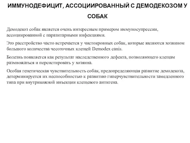 ИММУНОДЕФИЦИТ, АССОЦИИРОВАННЫЙ С ДЕМОДЕКОЗОМ У СОБАК Демодекоз собак является очень интересным