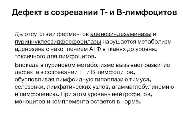 Дефект в созревании Т- и В-лимфоцитов При отсутствии ферментов аденозиндезаминазы и