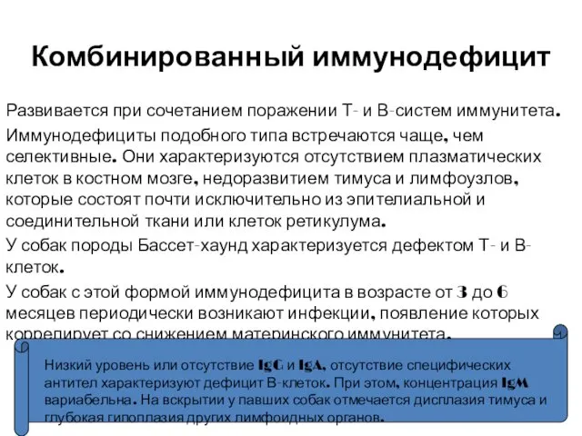 Комбинированный иммунодефицит Развивается при сочетанием поражении Т- и В-систем иммунитета. Иммунодефициты