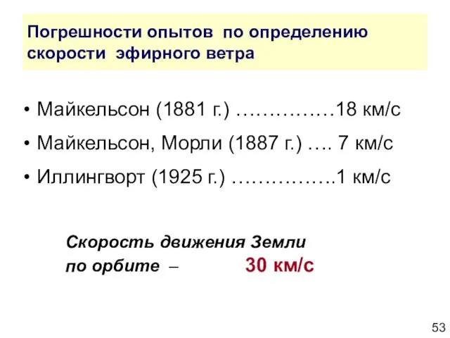 Погрешности опытов по определению скорости эфирного ветра Майкельсон (1881 г.) ……………18