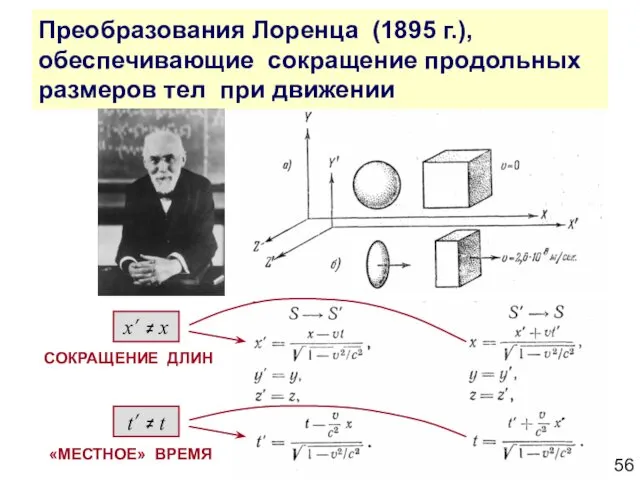 Преобразования Лоренца (1895 г.), обеспечивающие сокращение продольных размеров тел при движении