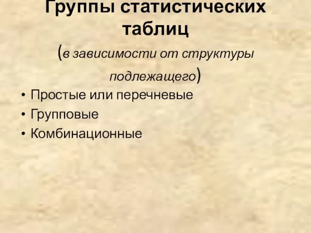 Группы статистических таблиц (в зависимости от структуры подлежащего) Простые или перечневые Групповые Комбинационные