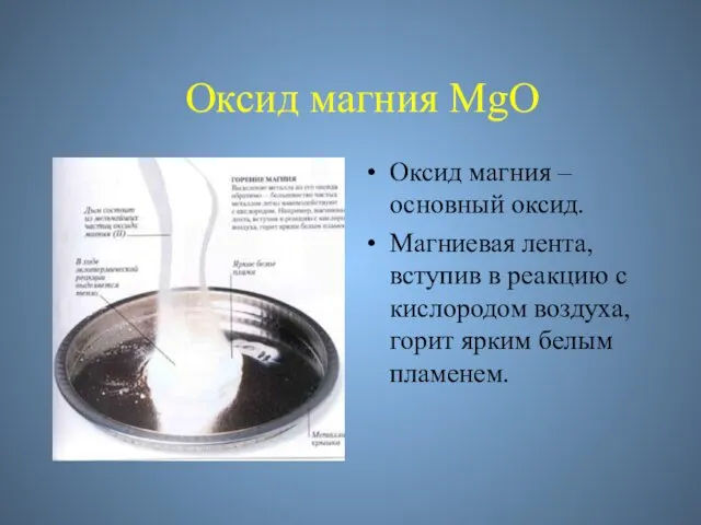 Оксид магния MgO Оксид магния – основный оксид. Магниевая лента, вступив