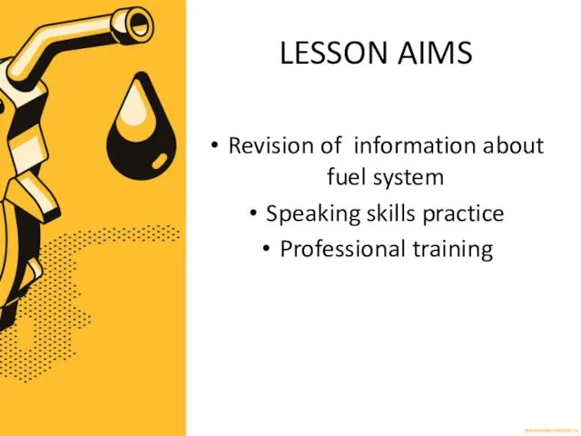 LESSON AIMS Revision of information about fuel system Speaking skills practice Professional training