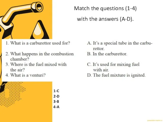 Match the questions (1-4) with the answers (A-D). 1-C 2-D 3-B 4-A