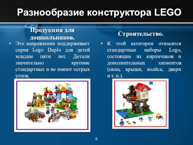 Разнообразие конструктора LEGO Продукция для дошкольников. Это направление поддерживает серия Lego