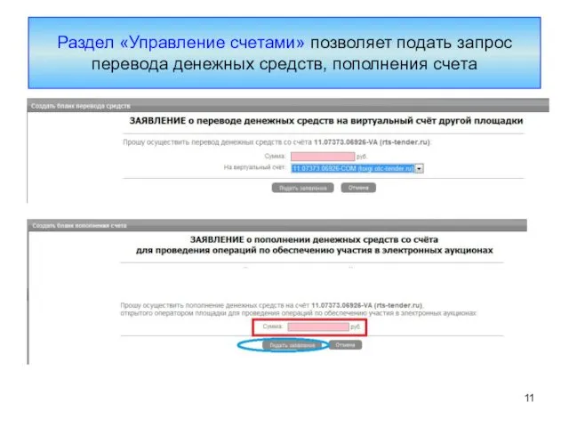 Раздел «Управление счетами» позволяет подать запрос перевода денежных средств, пополнения счета